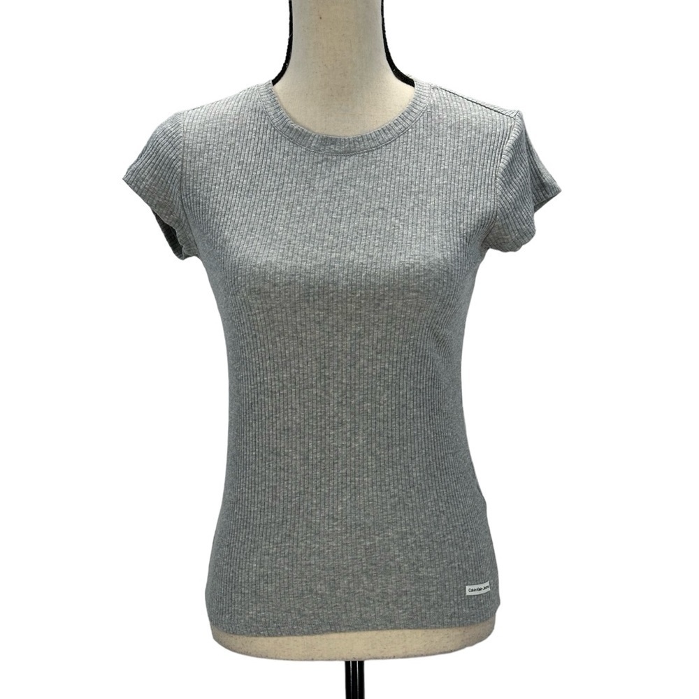 Calvin Klein Jeans Short Sleeve Crew Neck Ribbed Knit Tee Shirt - Grey - Small